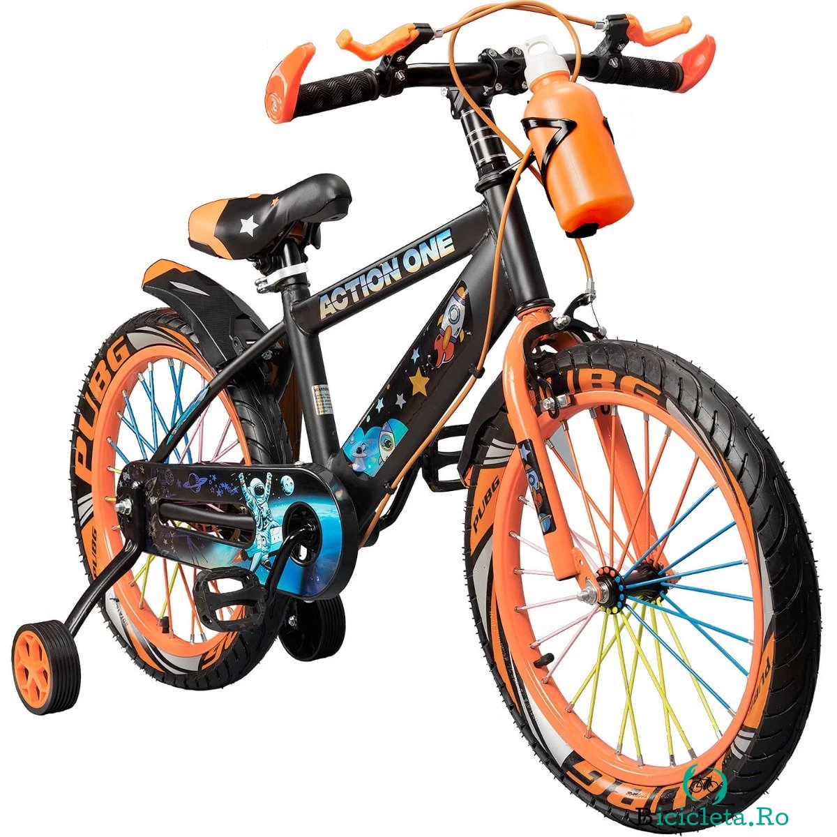 Bicicleta cu roti ajutatoare si bidon pentru apa Nova II, Action One, 18 inch, Portocaliu