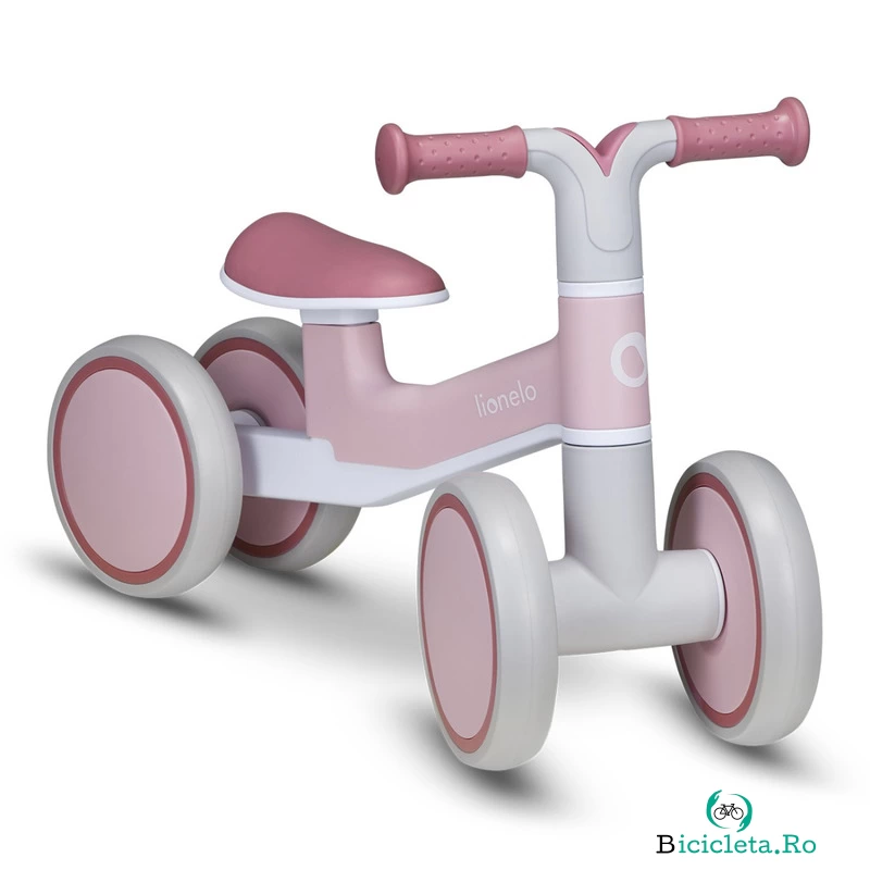 Lionelo - Bicicleta fara pedale Villy, Cu 4 roti, Din spuma EVA si TPR, Stabila, Manere moi, antiderapante, 12- 36 luni, Sustine pana la 30 kg, Certificata EN 71-1:2014, EN 71-2:2011, EN 71-3:2019, Roz