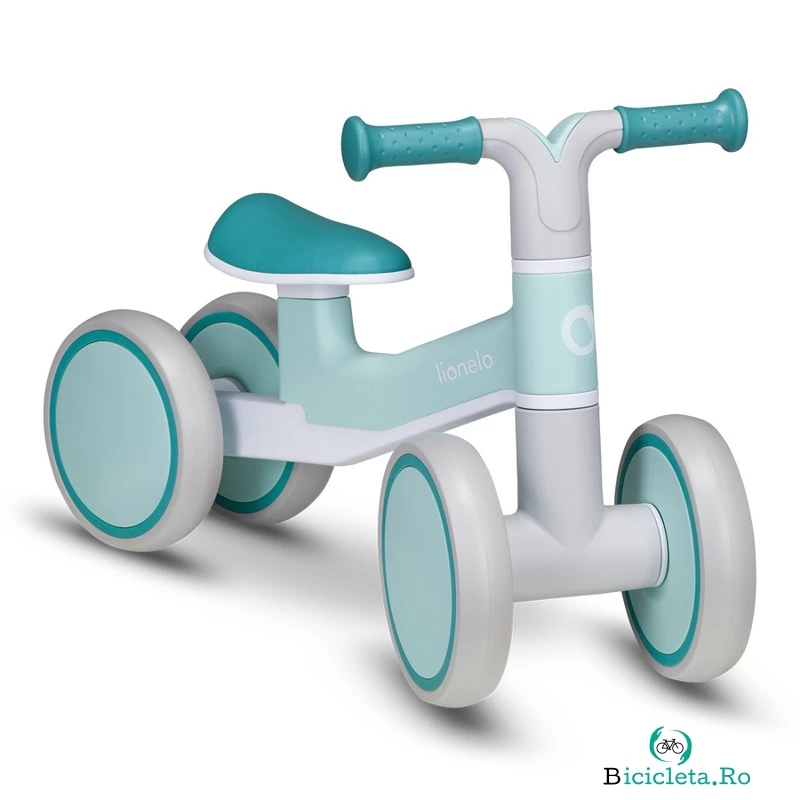 Lionelo - Bicicleta fara pedale Villy, Cu 4 roti, Din spuma EVA si TPR, Stabila, Manere moi, antiderapante, 12- 36 luni, Sustine pana la 30 kg, Certificata EN 71-1:2014, EN 71-2:2011, EN 71-3:2019, Verde turcoaz